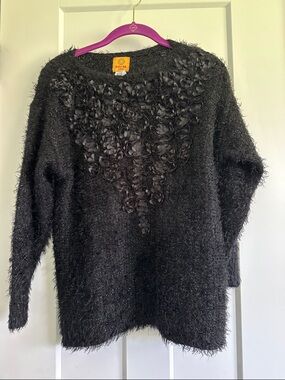 Ruby Rd. Black Fuzzy Crewneck Sweater with Rosette Front Detail